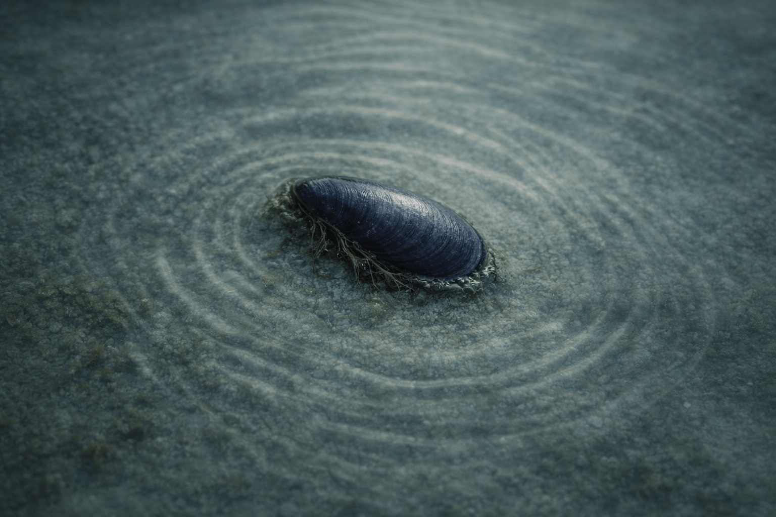 Blue mussel in shallow water forming concentric ripples — a cymatic field in motion.