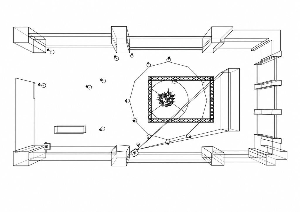 RE-BIRTH floor plan seen from above: a truss with a suspended speaker column at the centre, surrounded by a ring of breath speakers on stands.